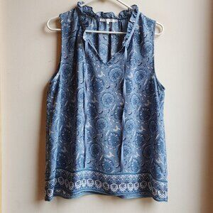 Violet & Claire Blue/White Floral Print Ruffle Collar Blouse Size Large